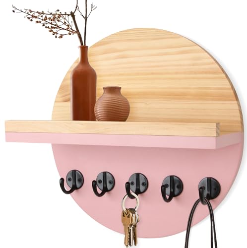 Gurfuy Pink Key Holder for Wall with Shelf - Wood Mail Organizer and Rack with Shelf Hooks Wall Mounted for Entryway Decor Magazines Letter Storage Farmhouse Living Room Bedroom Doorway - color: Pink