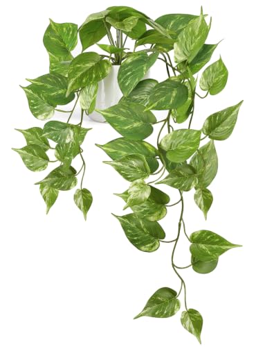 Mkono Fake Hanging Plants with Ceramic Pot, 25" Artificial Plants Indoor | Faux Pothos, Realistic Greenery Look, Modern White Planter, Home Decor, Shelf Bathroom Living Room Desk Table Decoration - color: Light Green
