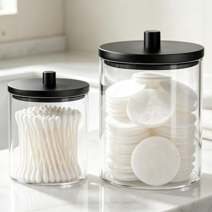 BKYFPQ 2 Pack Glass Qtip Holder Dispenser Set - 15oz & 10oz Apothecary Jars with Lids - Vanity Makeup Organizer and Bathroom Canister Storage Organizer for Cotton Ball, Swab, Round Pads,Floss