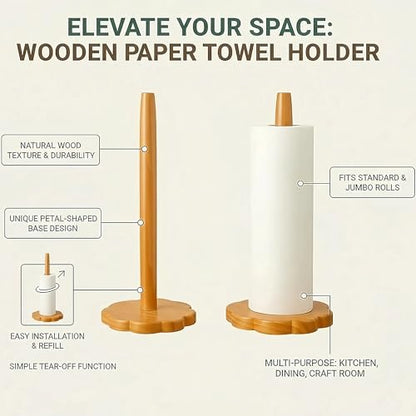 Wood Paper Towel Holder, Countertop Wooden Kitchen Towel Roll Stand with Flower Shape Anti Skid Base Rack Napkin Organizer for Kitchen Countertop Dining Table Cabinet(Wood Color) - color: Flower Shape Base