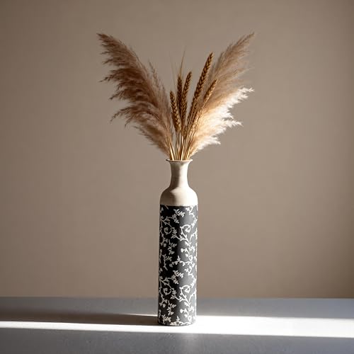 Tall Floor Flower Vase, Rustic Vintage Farmhouse Metal Vase with Floral Pattern, Decorative Wide Mouth Vase for Pampas Grass, Entryway Living Room Centerpiece