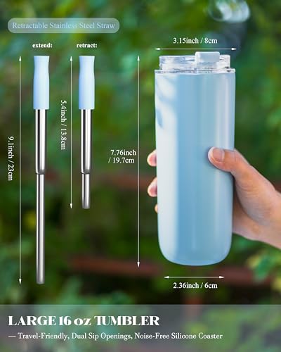 16 oz Insulated Coffee Tumblers, Travel Coffee Tumblers with Straw (Blue) | Double-Wall Stainless Steel Tumbler, Leak Proof Tumbler, Reusable Cups with Lids for lced and Hot Drinks - color: 16-Blue, size: 16 Ounces
