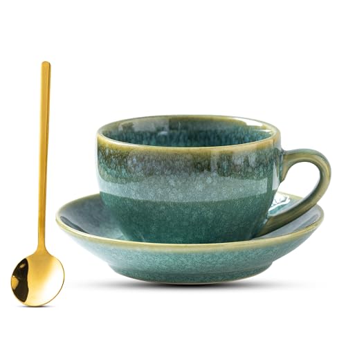 Porcelain Coffee Cup with Saucer Spoon, Vintage Design Ceramic Latte Art Cappuccino Barista Espresso Tea Cup with Saucer (10oz, Crystal Green) - color: Crystal green