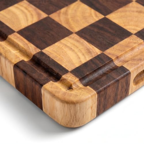 Checkered Cutting Board for Kitchen, 15"x10.4"x1.2" End Grain Cutting Board, Solid Ebony and Rubberwood Butcher Block Cutting Board with Juice Groove, Reversible Wooden Charcuterie Board