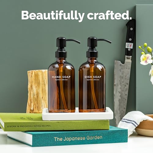 Vine Creations Amber Glass Soap Dispenser Set, Kitchen Soap Dispenser Set with Ceramic Tray, 16 oz Dish Soap and Hand Soap Dispensers with Stainless Steel Pump Decor (Amber Bottle/Matte Black) - color: Amber Bottle / Matte Black Pump