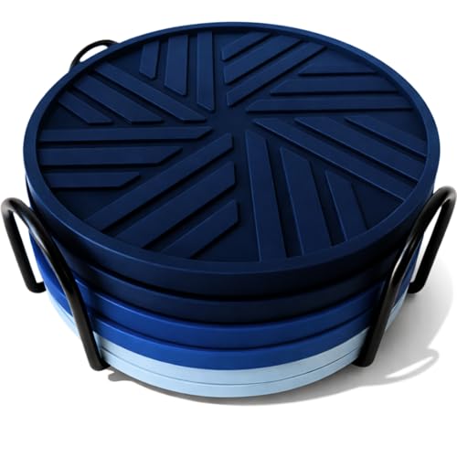 Silicone Coasters Set of 6 - with Holder - Modern Patterns Protecting Your Coffee Table, Navy/Blue - color: Beach Vibes