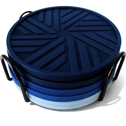 Silicone Coasters Set of 6 - with Holder - Modern Patterns Protecting Your Coffee Table, Navy/Blue - color: Beach Vibes
