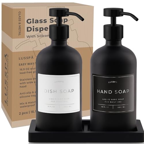 Glass Soap Dispenser Set of 2 (Black) with Silicone Tray | Hand and Dish Soap Dispenser for Kitchen and Bathroom | 16.8 Oz Glass Bottles with Stainless Steel Pump & 15 Waterproof Labels (Black) - color: Black