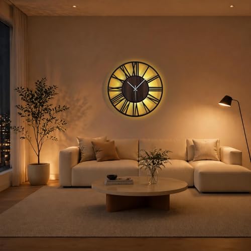 Large Lighted Wood Wall Clock Remote Control, Roman Numeral Modern Decorative Clock with Silent Movement, Battery Operated Clocks for Living Room Decor - size: 24inch-60cm