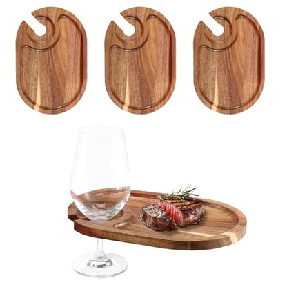 4Pcs Wood Appetizer Plates With Wine Glass Holder, Versatile Sturdy Wood Appetizer Serving Platters for Wine Party Housewarming Party