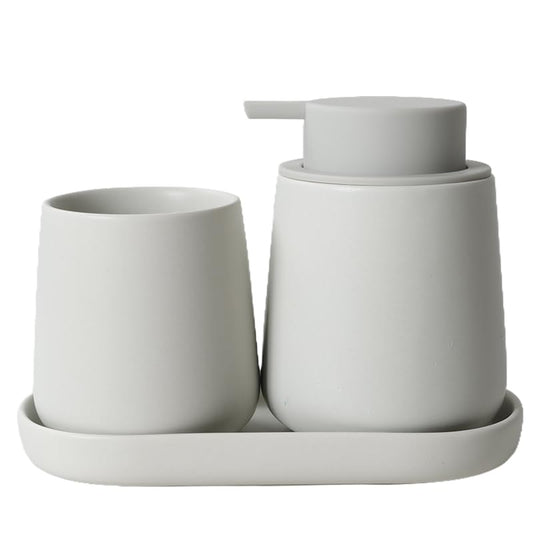 BosilunLife Ceramic Bathroom Accessories Set 3 Pcs | Foaming Soap Dispenser and Toothbrush Holder with Tray, Modern Farmhouse Vanity Decor, Light Grey Housewarming Gift - color: Light Grey, style: Foam