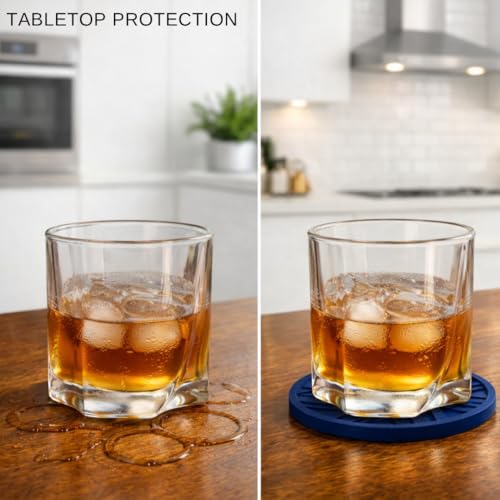 Navy Blue Coasters Set of 6 - Non-Slip Table Coasters for Drinks with Groove Patterns & Gold Holder 4", 0.23" - color: Navy Blue