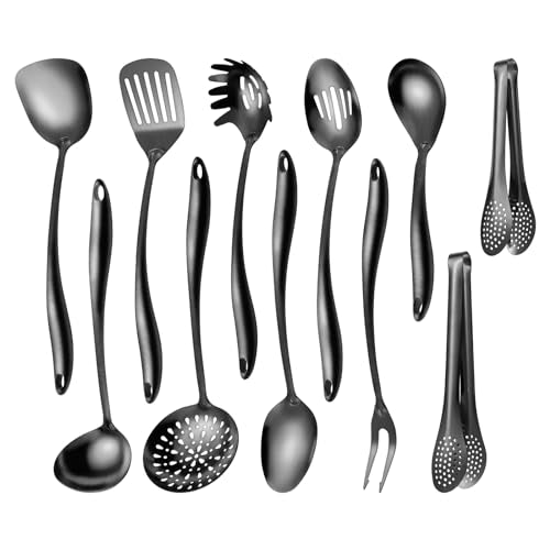 304 Stainlss Steel Matte Kitchen Utensils Set, 11 Pcs Long Metal Cooking Utensil Gadgets Tools Set with Spatula, Ladle, Spoon, Skimmer, Turner, Pasta Server, Tongs(Black, Dishwasher Safe) - size: 11Pcs-Black