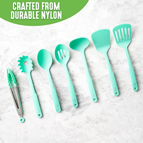 GreenLife Cooking Tools and Utensils, 7 Piece Nylon Set including Spatulas Turner Spoons and Tongs, Dishwasher Safe, Turquoise - color: Turquoise