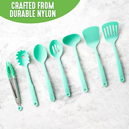 GreenLife Cooking Tools and Utensils, 7 Piece Nylon Set including Spatulas Turner Spoons and Tongs, Dishwasher Safe, Turquoise - color: Turquoise