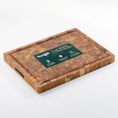 Yes4All Durable Teak Cutting Boards for Kitchen, [24''Lx18''Wx1.5” Thick] Extra Large End Grain Cutting Board, Pre Oiled Wood Cutting Boards, Thick Chopping Board w/Juice Grooves and Easy Grip Handle - size: 24"L x 18"W, style: Teak