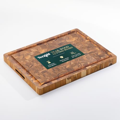 Yes4All Durable Teak Cutting Boards for Kitchen, [24''Lx18''Wx1.5” Thick] Extra Large End Grain Cutting Board, Pre Oiled Wood Cutting Boards, Thick Chopping Board w/Juice Grooves and Easy Grip Handle - size: 24"L x 18"W, style: Teak