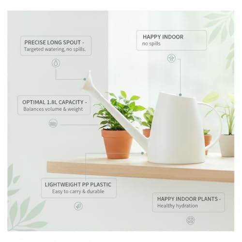 1.8L Long Spout Watering Can for Indoor Plants, Durable PP Plastic Pot Waterer with Precise Flow Control for Home Garden, Balcony & Windowsill - color: White