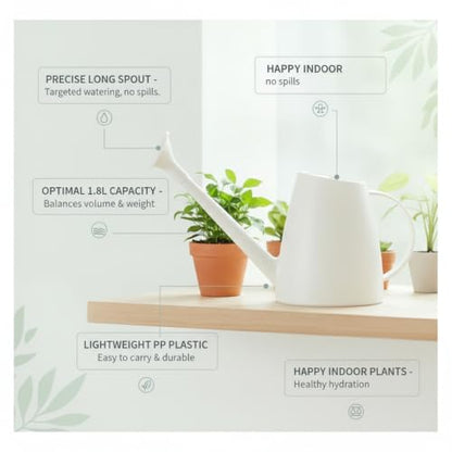 1.8L Long Spout Watering Can for Indoor Plants, Durable PP Plastic Pot Waterer with Precise Flow Control for Home Garden, Balcony & Windowsill - color: White