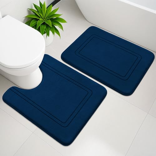 Memory Foam Bath Mat Set, Bathroom Rugs Sets 2 Pieces, Non Slip Bath Mats for Bathroom, Super Soft and Water Absorbent Bath Rug Set, Machine Washable U Shape Toilet Rug,Dark Blue - color: Dark Blue, size: 2pieces