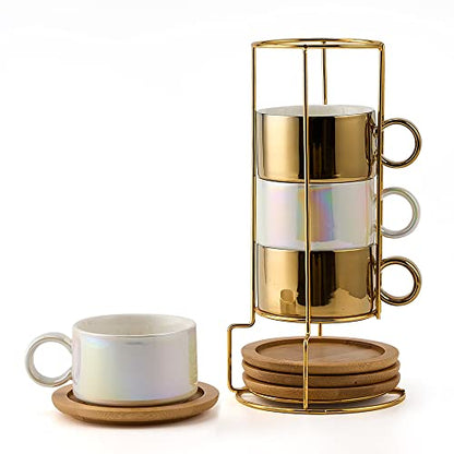 LUKA Porcelain Espresso Cup with Saucers and Metal Stand - 6 Ounce Stackable Ceramic Demitasse Espresso Mugs Cappuccino Cups Set for Latte, Coffee, Cafe Mocha, Tea - Set of 4,Shimmer Golden - color: Shimmer Golden & White