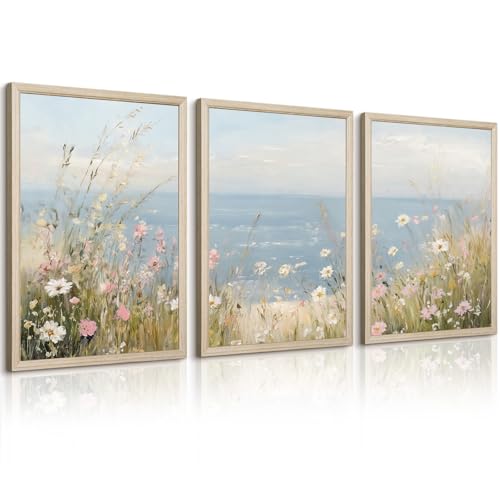 Coastal Wildflower Wall Art Beach Floral Canvas Wall Decor Vintage Coastal Landscape Pictures Ocean Flower Poster Summer Prints Seascape Painting for Living Room Bedroom 12x16 Inch Wood Framed 3Pcs - color: Ocean Floral Art, size: 12''x16'' Framed