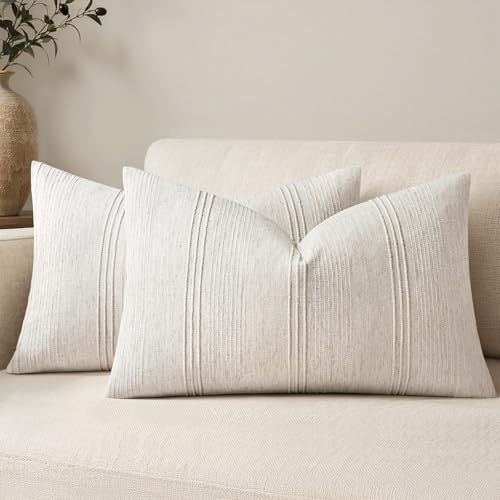 MIULEE Lumbar Striped Throw Pillow Covers 12x20 Natural Beige 2 Pack | Textured Linen Pillow Covers, Farmhouse Cushion Cases for Couch Sofa Bed Livingroom Home Decor - color: Natural Beige, size: 20" x 12" (Pack of 2)