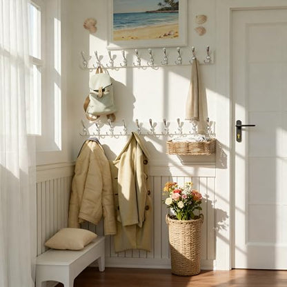 SKOLOO Creations White Solid Wood Wall Mounted Coat Rack, 10 Hooks, 38-1/8" Long - Kitchen, Mudroom, Entryway, Bathroom - Includes Mounting Hardware, Wall Coat Hanger, Towel Rack - color: Matte White Plates & Nickel Hook, size: 1 Item-10 Hooks