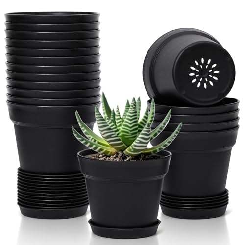 T4U Small Plant Pots 5 Inch 18 Pack, Plastic Flower Pots with Saucer Black | Nursery containers for succulents cactus herbs, Desk windowsill shelf, Violet african violet, Compact lightweight - color: Black, size: 5 In