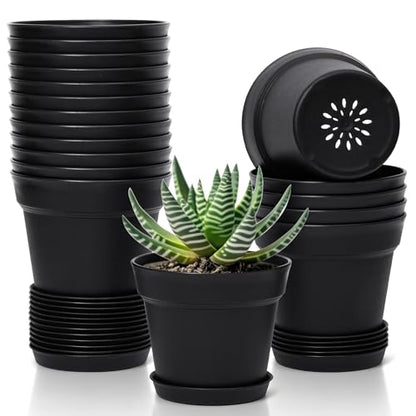 T4U Small Plant Pots 5 Inch 18 Pack, Plastic Flower Pots with Saucer Black | Nursery containers for succulents cactus herbs, Desk windowsill shelf, Violet african violet, Compact lightweight - color: Black, size: 5 In