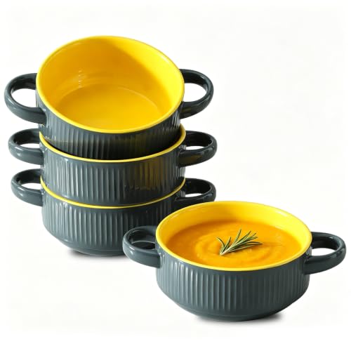 Soup Bowls with Handles, 23 oz French Onion Soup Crocks, Stackable Soup Bowl Oven Safe for Chili, Beef Stew, Embossment Ceramic Bowl Set - 5.4 Inch, Set of 4,Yellow Gray - color: Yellow Gray