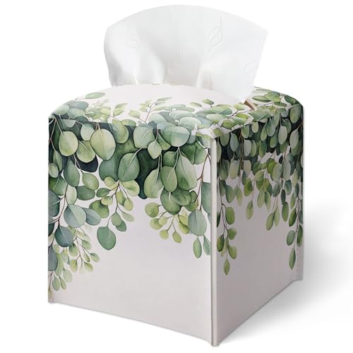 Green Foliage Watercolor Tissue Box Cover, Eucalyptus Leaves Print Tissue Box Cover Square-Waterproof Leather, Tabletop Decor for Living Room, Office, Aesthetic Home Decor, Gift for Women & Friend-A08 - color: Eucalyptus Leaves Print