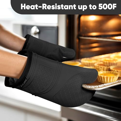 Silicone Oven Mitts, Heat Resistant Oven Gloves with Quilted Liner, Waterproof & Non-Slip Kitchen Mittens for Baking Cooking BBQ, 500°F, 12.5"-Black - color: Black