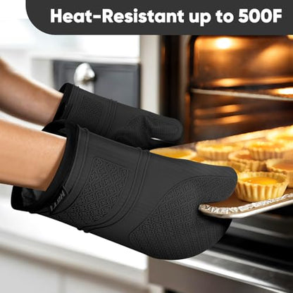 Silicone Oven Mitts, Heat Resistant Oven Gloves with Quilted Liner, Waterproof & Non-Slip Kitchen Mittens for Baking Cooking BBQ, 500°F, 12.5"-Black - color: Black