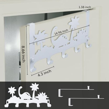 Lily's Home Dino Design Over the Door Hooks - White Behind Door Hanger with 5 Hooks for Clothes & Towels - Easy Install Coat Rack Load 11 Lb. - 14.96" Wide - Ideal for Kids' Rooms & Bathrooms