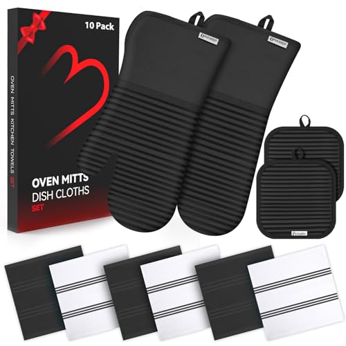 Oven Mitts and Pot Holder Sets with Silicone Grip, 500°F Heat Resistant-6 Pack Dishcloth/Dish Towels for Kitchen 100% Cotton-Value Kitchen Essentials for Cooking, Baking, Grilling-Black - color: Black