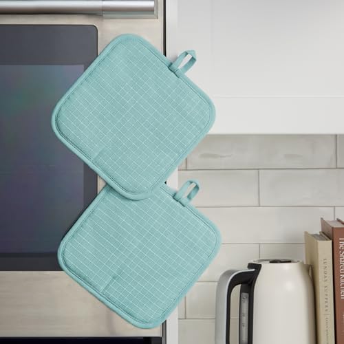KITCHENAID Gourmet Series Gridlines Pot Holders 2-Pack Set, Heat Resistant up to 600°F, Soft Silicone Grip, Magnetic Cuff, Mineral Water Aqua, 8"x8" - color: Mineral Water Aqua