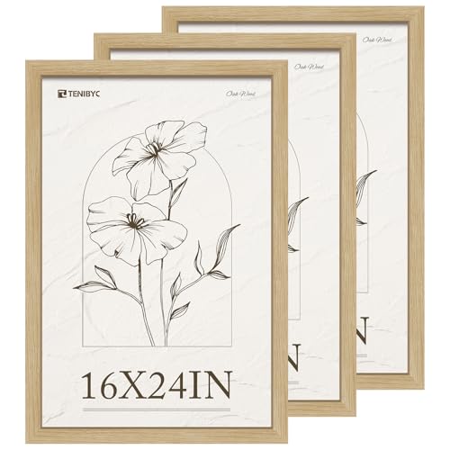 16x24 Frame Set of 3, Natural Oak Wood Grain, Wall Hanging Picture Frame for Photos, Posters, Paintings & Puzzles - color: Oak, size: 16 X 24, style: 3 Pack