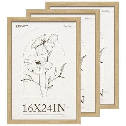 16x24 Frame Set of 3, Natural Oak Wood Grain, Wall Hanging Picture Frame for Photos, Posters, Paintings & Puzzles - color: Oak, size: 16 X 24, style: 3 Pack
