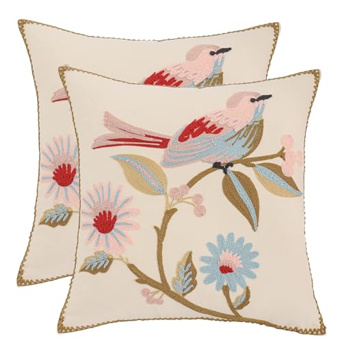 LUOYEHK Embroidered Throw Pillow Covers 18x18 Inch Pack of 2 Spring Farmhouse Floral Pillowcase Square Canvas Cushion Cover for Couch Sofa Bed Living Room (Pink Bird) - color: Pink Bird