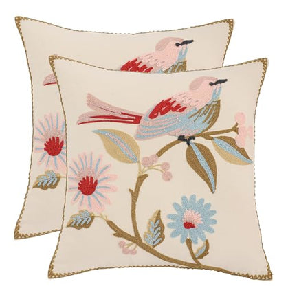 LUOYEHK Embroidered Throw Pillow Covers 18x18 Inch Pack of 2 Spring Farmhouse Floral Pillowcase Square Canvas Cushion Cover for Couch Sofa Bed Living Room (Pink Bird) - color: Pink Bird