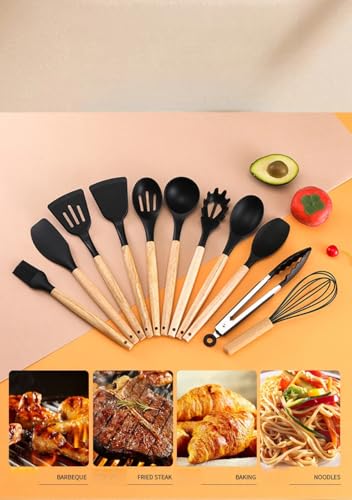 12 PCS Silicone Kitchen Utensils Set with Wooden Handle, Non-Stick Heat Resistant Cooking Tools with Holder, BPA-Free Kitchen Gadgets for Cookware, Multicolor