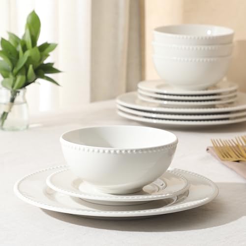 Gibson Home Caviara Plates and Bowls Set, 12-Piece Dinnerware Set, White Round Beaded Rim Ceramic Dish Set, Dinner Plates, Salad Plates & Cereal Bowls - color: White (Caviara)