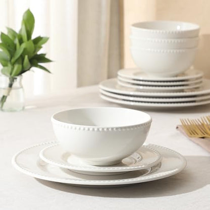Gibson Home Caviara Plates and Bowls Set, 12-Piece Dinnerware Set, White Round Beaded Rim Ceramic Dish Set, Dinner Plates, Salad Plates & Cereal Bowls - color: White (Caviara)