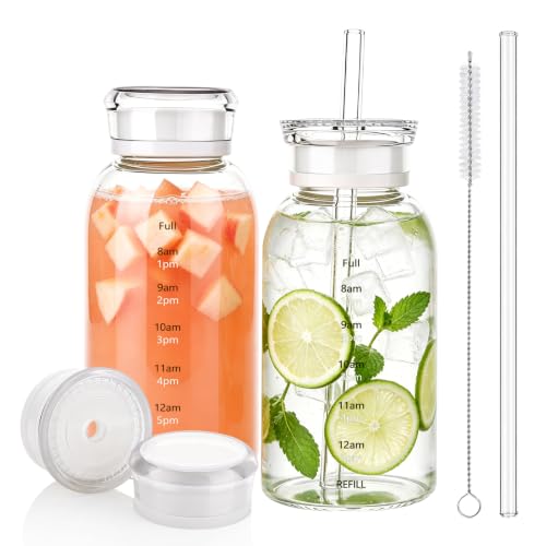 Glass Water Bottles with Lids, 12oz Juice Bottles, Glass Bottles with Straws and Time Marker, Reusable Water Bottle, Leak Proof Drinking Jars for Smoothies, Juicing, Milk,Bubble Tea - size: 12oz