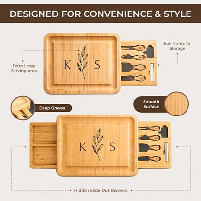 Personalized Bamboo Charcuterie Board with Drawer & Utensils – Custom Cheese & Cutting Board Gift for Wedding, Housewarming, Anniversary, Couples and Personalized Mothers Day Gifts for Mom