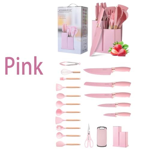 19 Pieces Kitchen Utensils and Knife Set with Block, Inldued 9 Pieces Silicone Cooking Utensils Set 5 Pieces Sharp Stainless Steel Chef Knives Scissors Whisk Tongs and Cutting Board (PINK) - color: Pink