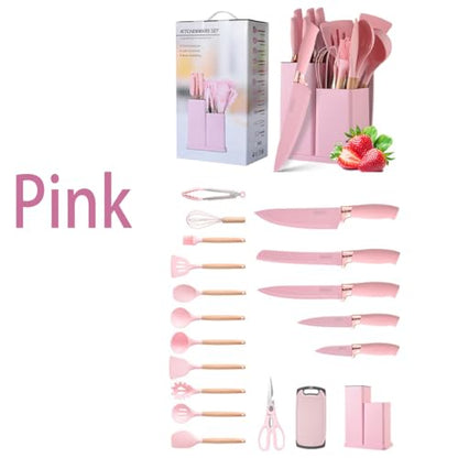 19 Pieces Kitchen Utensils and Knife Set with Block, Inldued 9 Pieces Silicone Cooking Utensils Set 5 Pieces Sharp Stainless Steel Chef Knives Scissors Whisk Tongs and Cutting Board (PINK) - color: Pink
