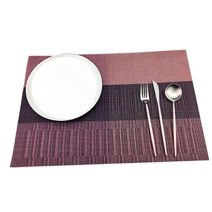 Exquisite Woven Vinyl Placemats for Dining Table Heat Resistant PVC Bamboo Style Table Mats (6, Ombre Purple Red) - color: Red-gradient