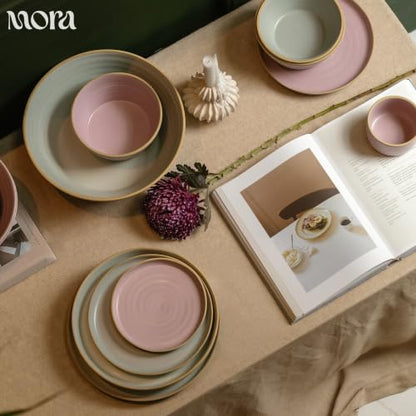 MORA Medium Plates Set of 4, 8.5 inch Ceramic Pottery Salad Plates - Microwave, Oven and Dishwasher Safe - Mist - color: Mist